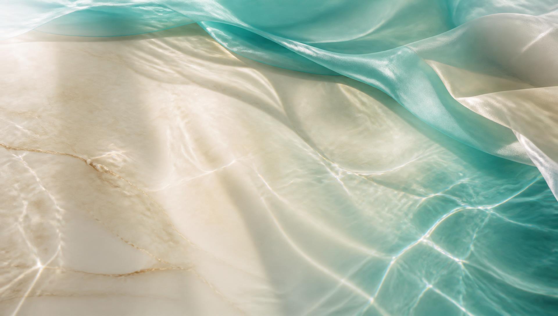 Eau Turquoise — soie et eau turquoise sur marbre crème